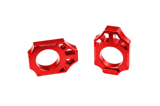 Rear axle chain adjuster Honda CR125R 02-07, CR250R 02-07, CRF250R 04-25, CRF250RX 19-25, CRF250X 04-17, CRF450L 19-20, CRF450R 02-25, CRF450RL 21-23, CRF450RX 17-25, CRF450X 05-25 red color