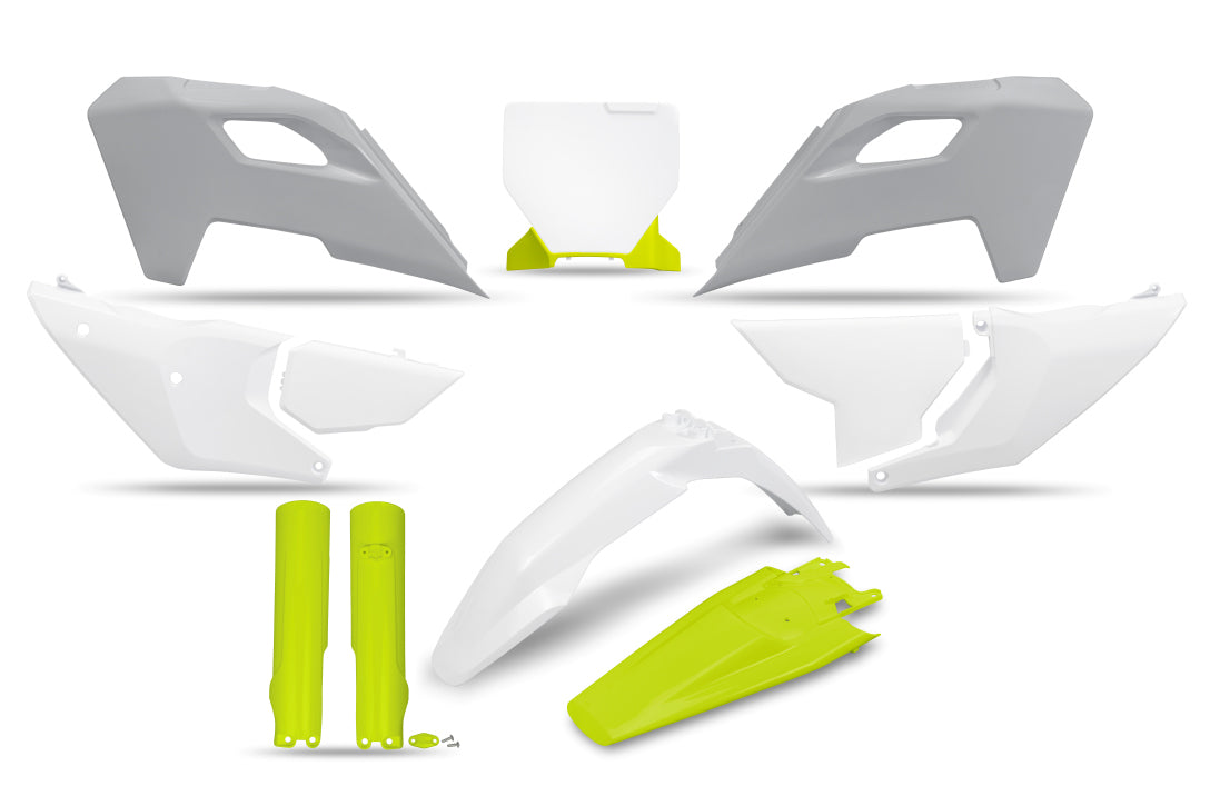 Full plastics kit with fork guards Husqvarna TC 125/250 23-24, FC 250/350/450 23-24, FX 350/450 23-24, TX 300 24 color OEM 24 (white/yellow) (extended front number plate)