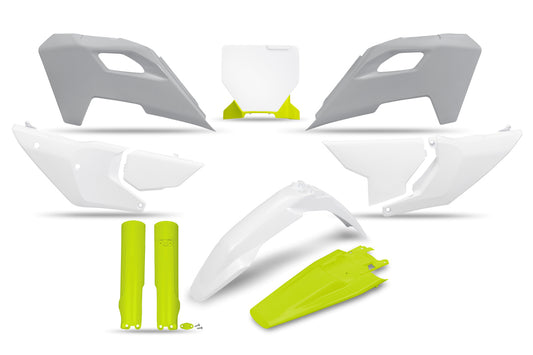 Full plastics kit with fork guards Husqvarna TC 125/250 23-24, FC 250/350/450 23-24, FX 350/450 23-24, TX 300 24 color OEM 24 (white/yellow) (extended front number plate)