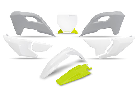 Plastics kit Husqvarna TC 125/250 23-24, FC 250/350/450 23-24, FX 350/450 23-24, TX 300 24 color OEM 24 (white/yellow) (extended front number plate)