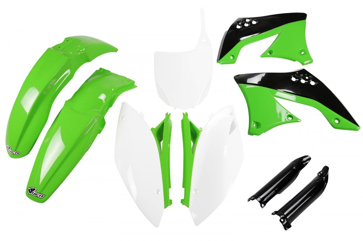 Full plastics kit with fork guards Kawasaki KXF 450 09-11 color OEM 10-11 (green/white/black) (KA216E999)