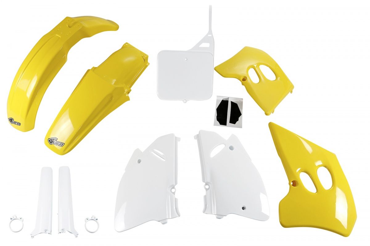 Full plastics kit with fork guards Suzuki RM 125 94-95, RM 250 94-95 color OEM (yellow/white) (SU394E999)