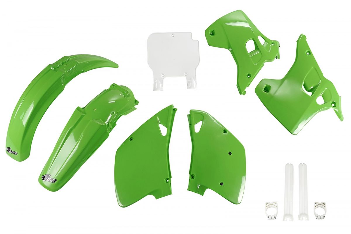 Full plastics kit with fork guards Kawasaki KX 125/250 93 color OEM (green/white) (KA194E999)