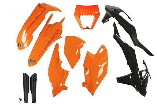 Full plastics kit with fork guards KTM EXC/EXC-F TPI 17-19 with headlight mask color OEM (orange/black) (KT523E999)