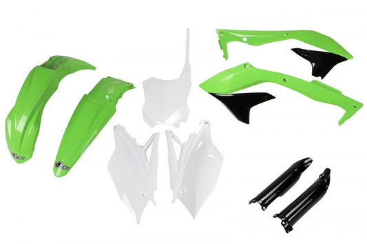 Full plastics kit with fork guards Kawasaki KXF 450 16-17 color OEM (green/white/black) (KA223E999)