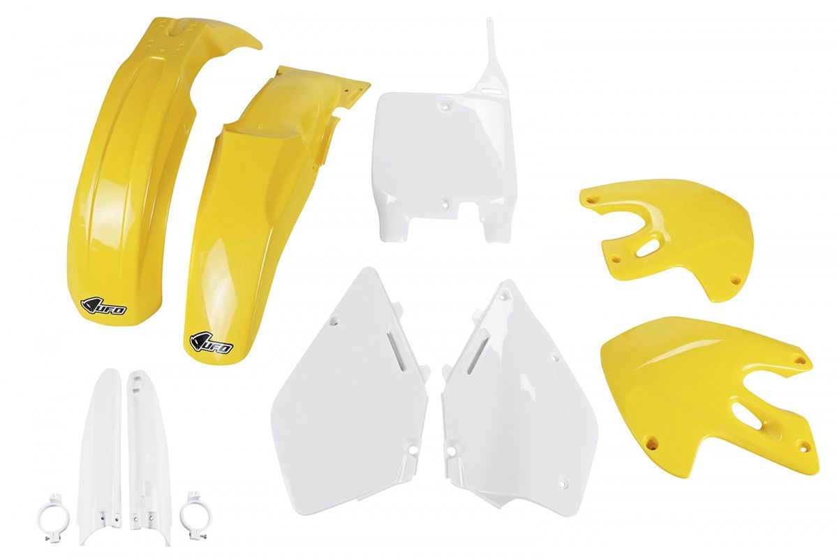 Full plastics kit with fork guards Suzuki RM 125/250 99-00 color OEM (white/yellow) (SU400E999)