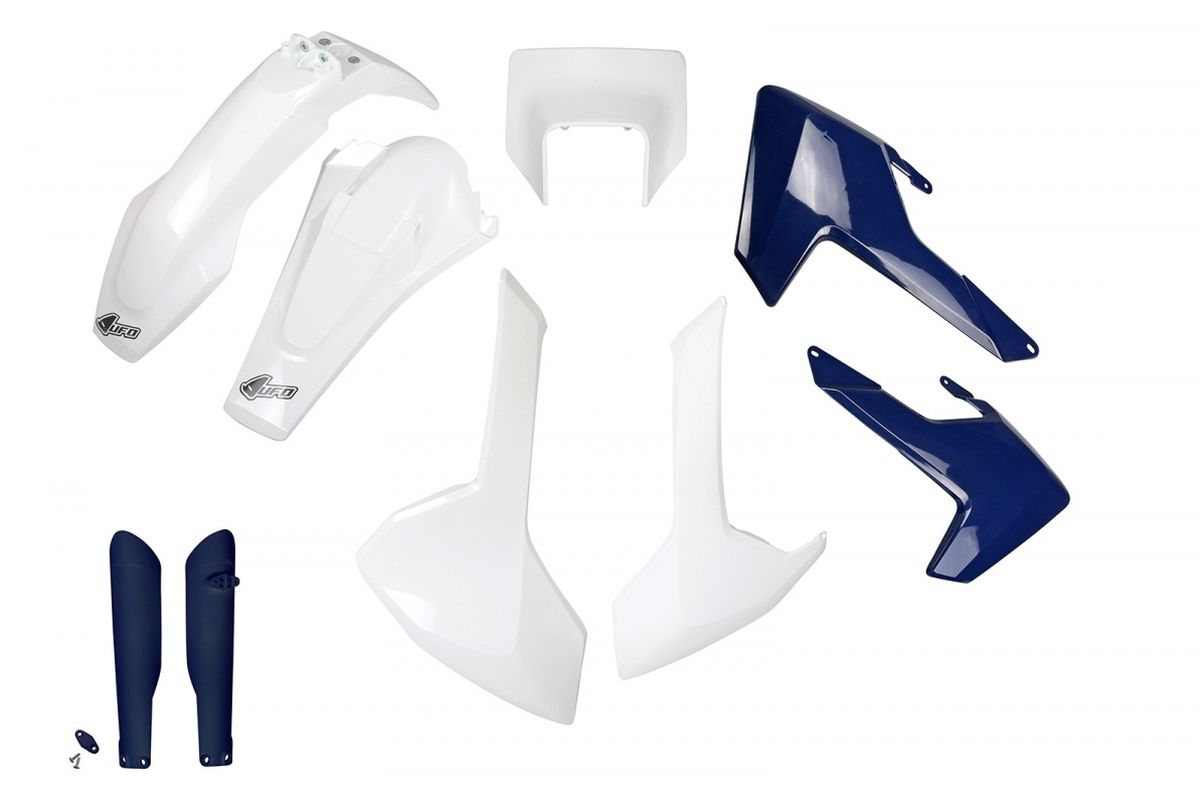 Full plastics kit with fork guards Husqvarna TX/TE/FE 17-19 with headlight mask color OEM (white/blue) (HU621E999)