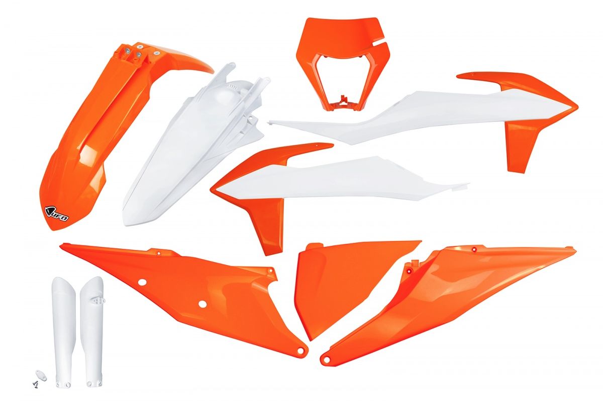 Full plastics kit with fork guards KTM EXC 125 20-21, EXC 250/300 TPI 20-23, EXC-F 250/350/450/500 20-23 with headlight mask color OEM 23 (white/orange)