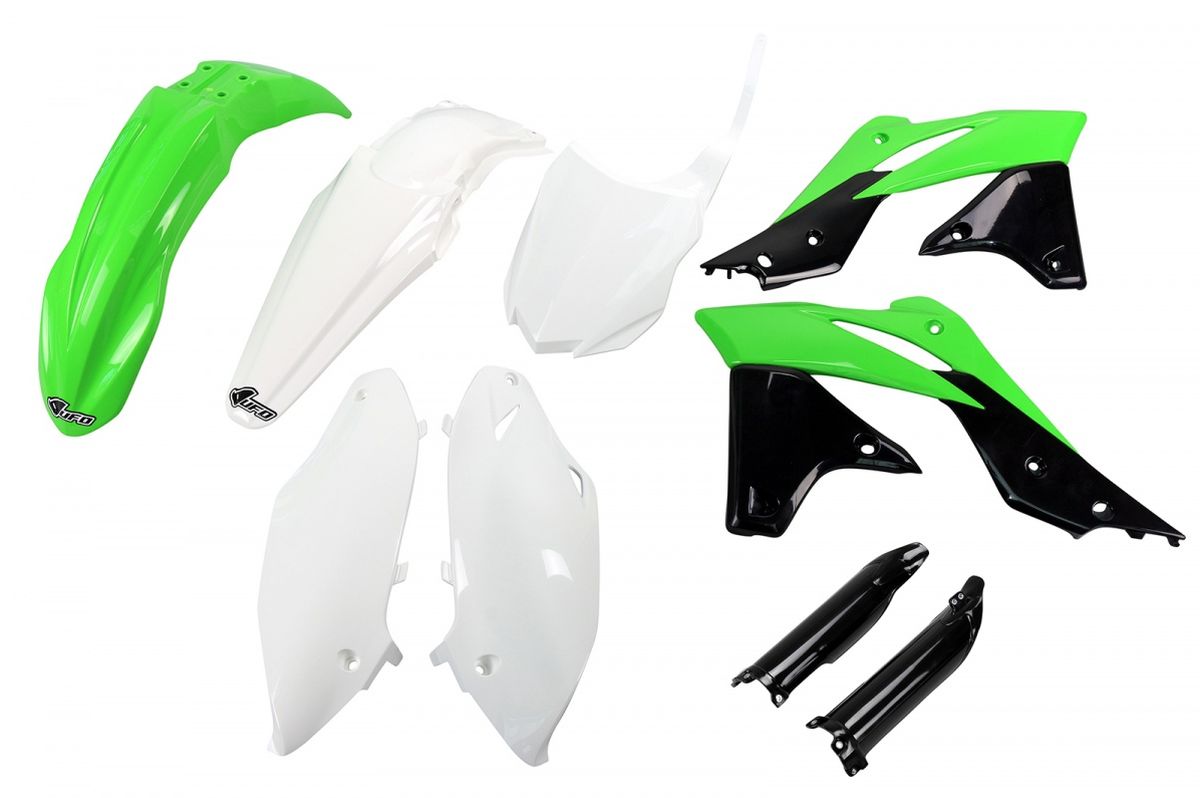 Full plastics kit with fork guards Kawasaki KXF 250 13-16 color OEM 14-15 (green/white/black) (KA221E999)
