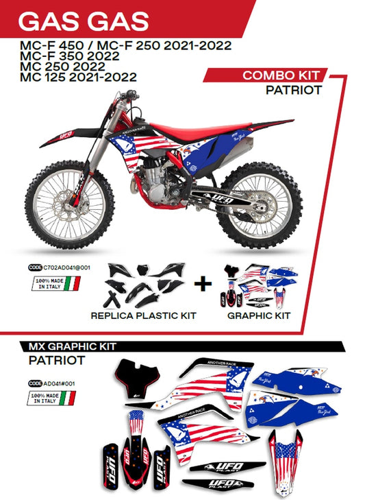 Plastics kit GGKIT702001 plus decal kit Gas Gas MC 125 21-22, MC 250 22, MC-F 250/350/450 21-22 includes front number plate (GG07130) and fork guards (GG07131) PATRIOT color black