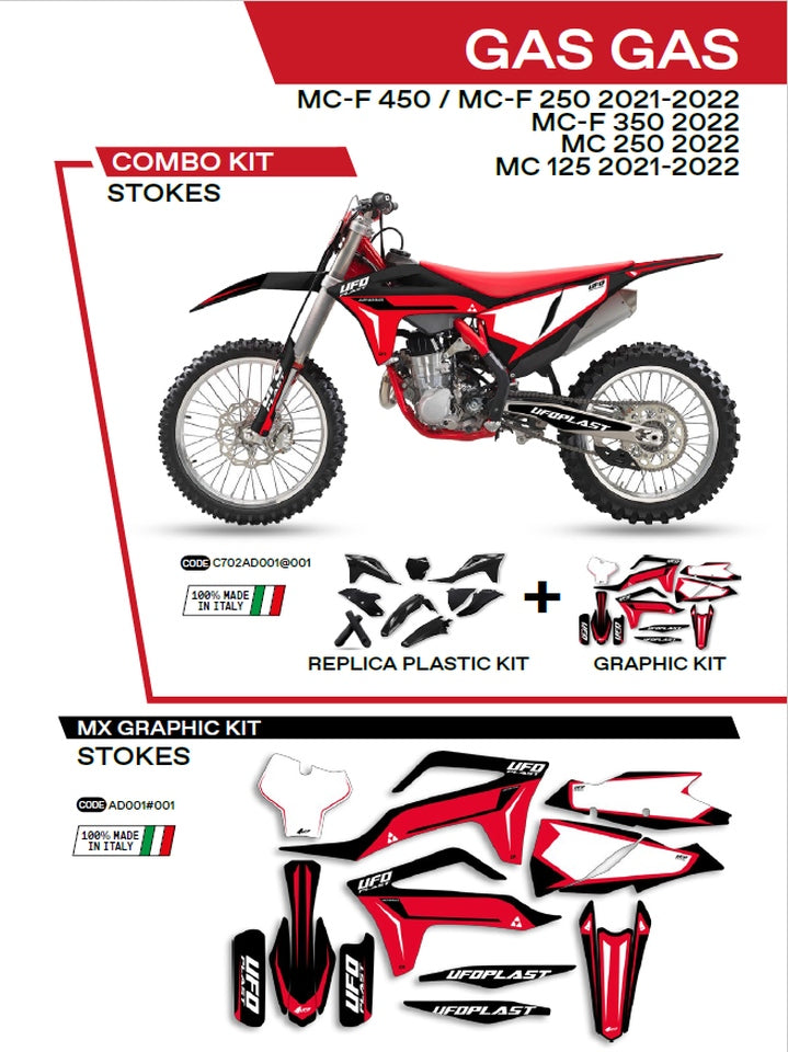 Plastics kit GGKIT702001 plus decal kit Gas Gas MC 125 21-22, MC 250 22, MC-F 250/350/450 21-22 includes front number plate (GG07130) and fork guards (GG07131) STOKES color black