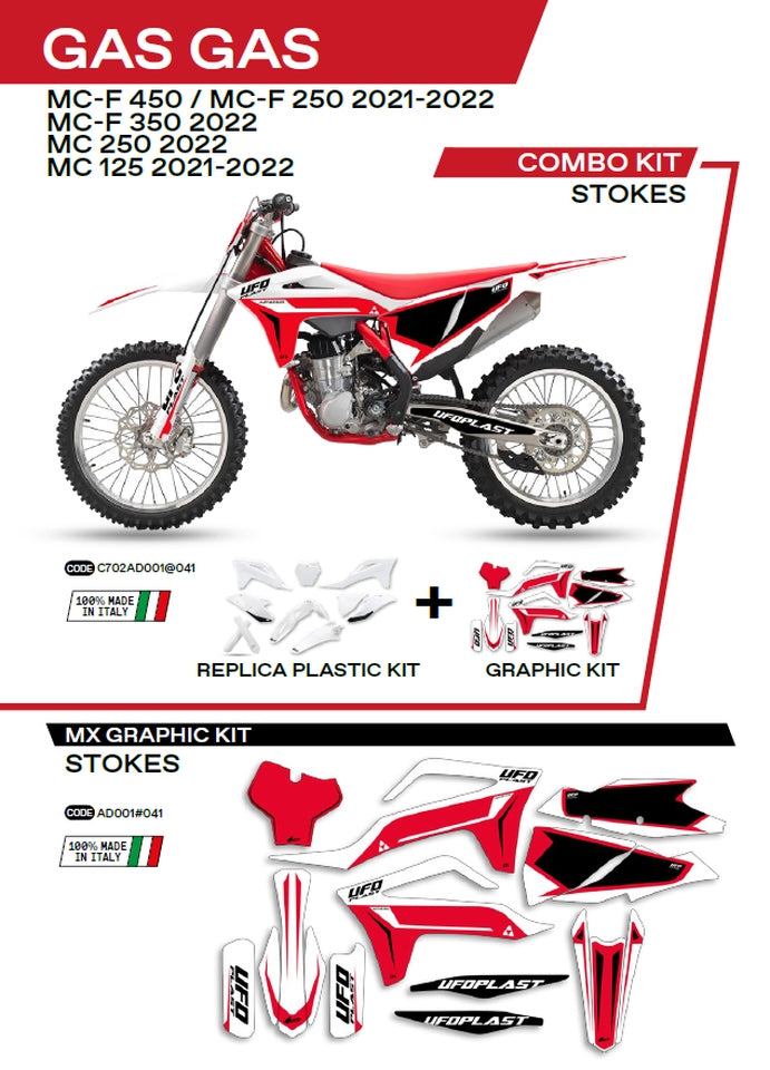 Plastics kit GGKIT702041 plus decal kit Gas Gas MC 125 21-22, MC 250 22, MC-F 250/350/450 21-22 includes front number plate (GG07130) and fork guards (GG07131) STOKES color white