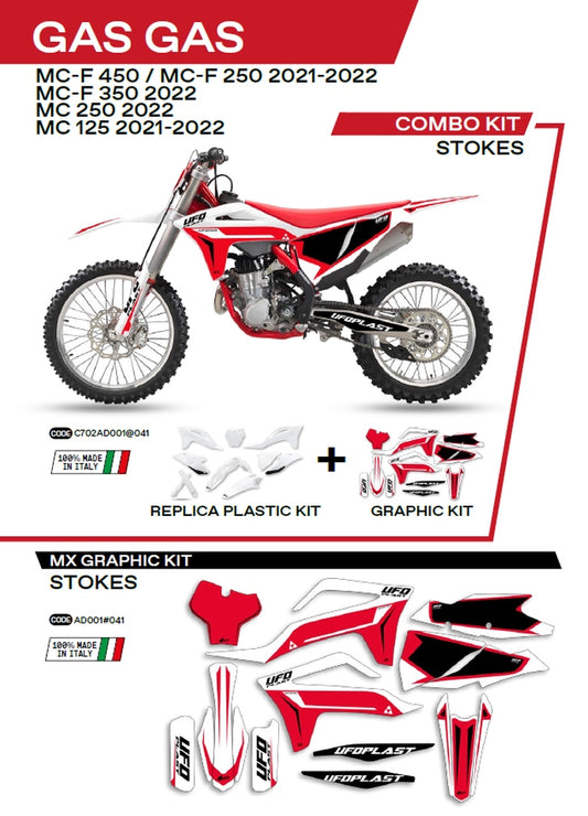 Plastics kit GGKIT702041 plus decal kit Gas Gas MC 125 21-22, MC 250 22, MC-F 250/350/450 21-22 includes front number plate (GG07130) and fork guards (GG07131) STOKES color white