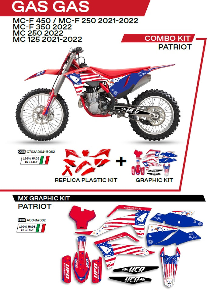 Plastics kit GGKIT702062 plus decal kit Gas Gas MC 125 21-22, MC 250 22, MC-F 250/350/450 21-22 includes front number plate (GG07130) and fork guards (GG07131) PATRIOT color red