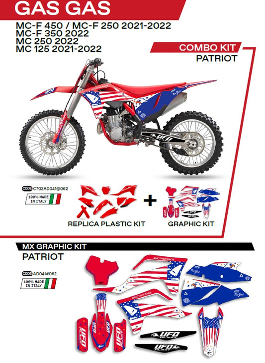Plastics kit GGKIT702062 plus decal kit Gas Gas MC 125 21-22, MC 250 22, MC-F 250/350/450 21-22 includes front number plate (GG07130) and fork guards (GG07131) PATRIOT color red