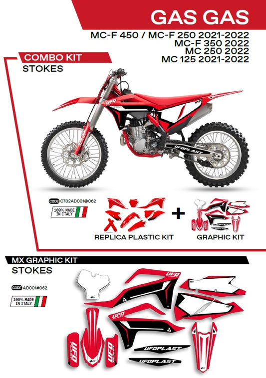 Plastics kit GGKIT702062 plus decal kit Gas Gas MC 125 21-22, MC 250 22, MC-F 250/350/450 21-22 includes front number plate (GG07130) and fork guards (GG07131) STOKES color red