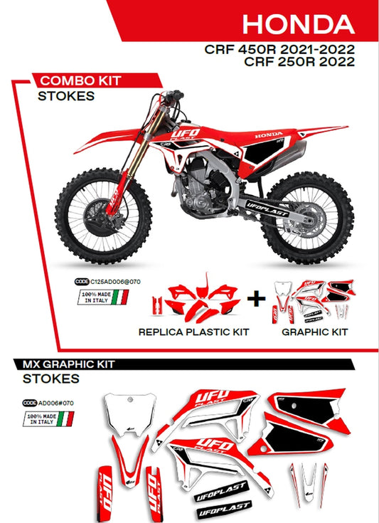 Plastics kit HOKIT125070 plus decal kit Honda CRF 250R 22, CRF 450 21-22 includes front number plate (HO05607) and fork guards (HO04695) STOKES color red