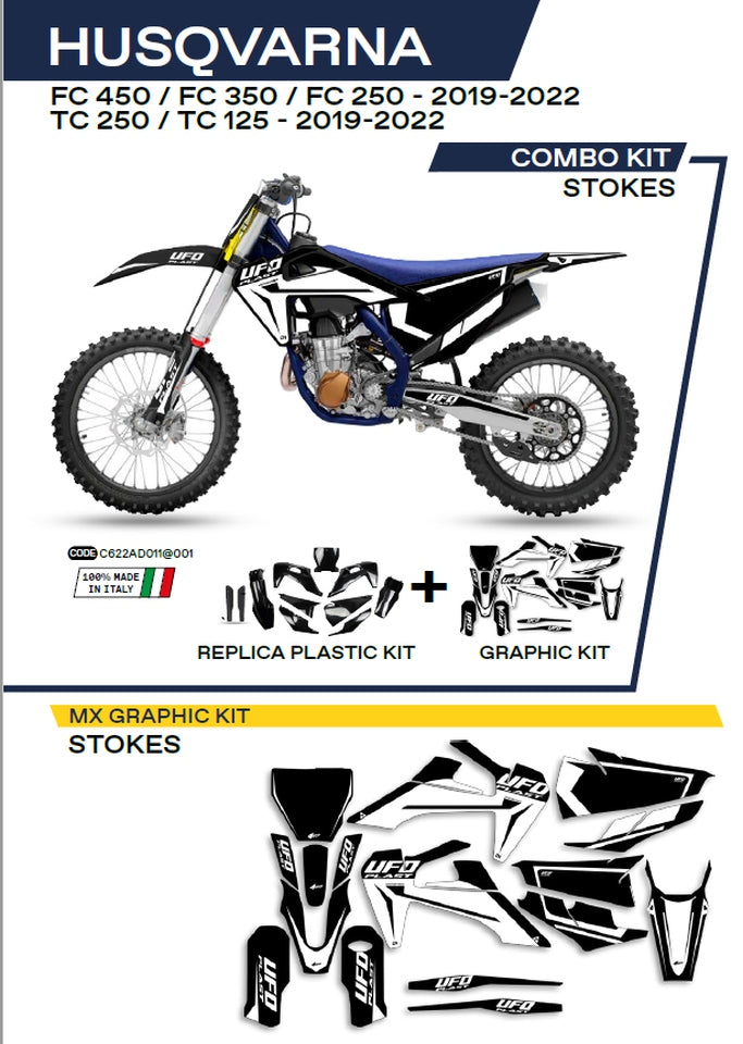 Plastics kit HUKIT622001 plus decal kit Husqvarna TC 125/250 19-22, FC 250/350/450 19-22 includes front number plate (HU04303) and fork guards (HU03361) STOKES color black
