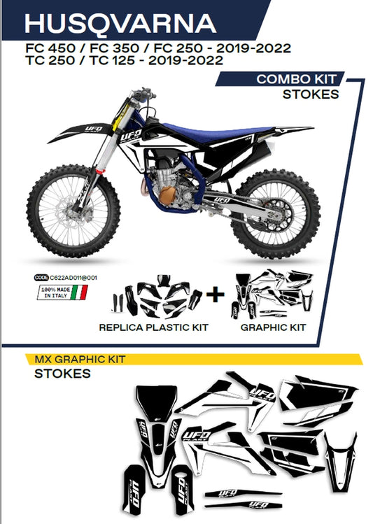 Plastics kit HUKIT622001 plus decal kit Husqvarna TC 125/250 19-22, FC 250/350/450 19-22 includes front number plate (HU04303) and fork guards (HU03361) STOKES color black