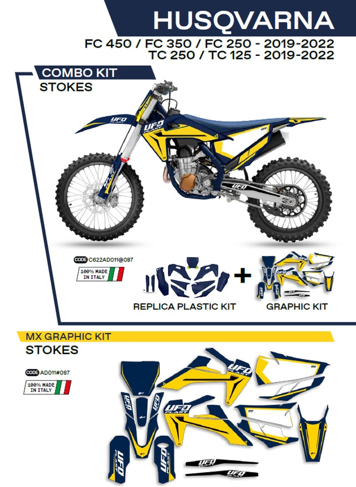 Plastics kit HUKIT622087 plus decal kit Husqvarna TC 125/250 19-22, FC 250/350/450 19-22 includes front number plate (HU04303) and fork guards (HU03361) STOKES color blue