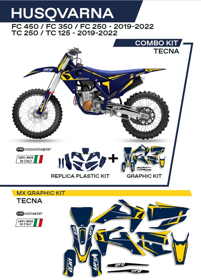 Plastics kit HUKIT622087 plus decal kit Husqvarna TC 125/250 19-22, FC 250/350/450 19-22 includes front number plate (HU04303) and fork guards (HU03361) TECNA color blue