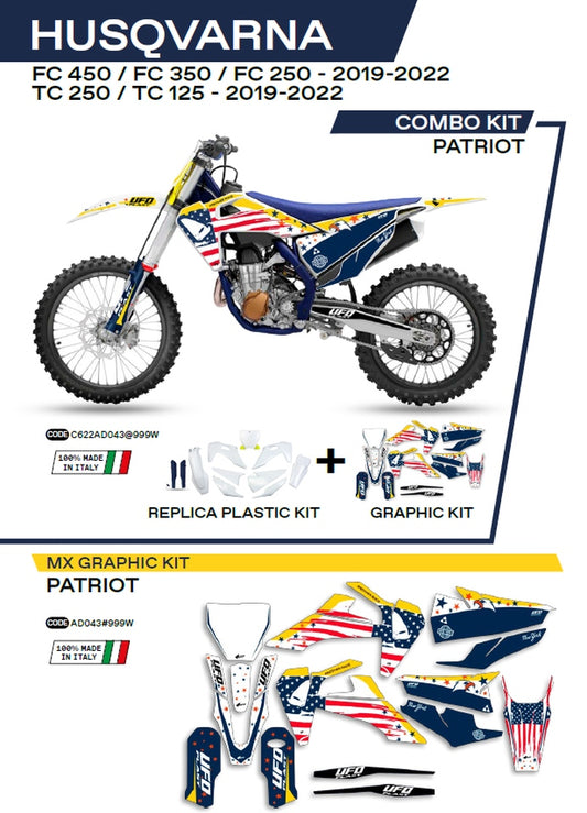 Plastics kit HUKIT622999W plus decal kit Husqvarna TC 125/250 19-22, FC 250/350/450 19-22 includes front number plate (HU04303) and fork guards (HU03361) PATRIOT color OEM (white/blue)