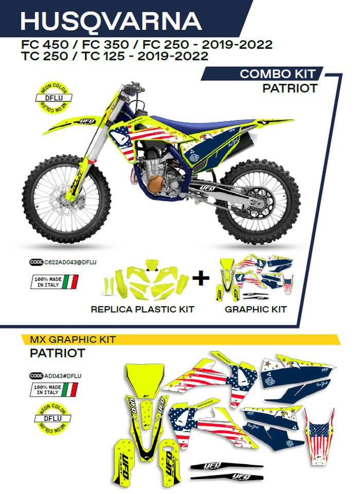 Plastics kit HUKIT622DFLU plus decal kit Husqvarna TC 125/250 19-22, FC 250/350/450 19-22 includes front number plate (HU04303) and fork guards (HU03361) PATRIOT color yellow neon