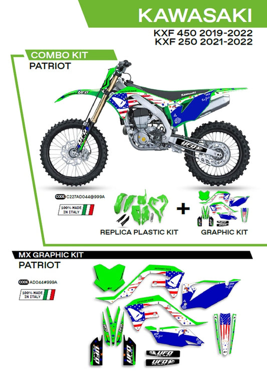 Plastics kit KAKIT227999A plus decal kit Kawasaki KXF 250 21-22, KXF 450 19-22 includes front number plate (KA04738) and fork guards (KA04701) PATRIOT color OEM (green/blue)