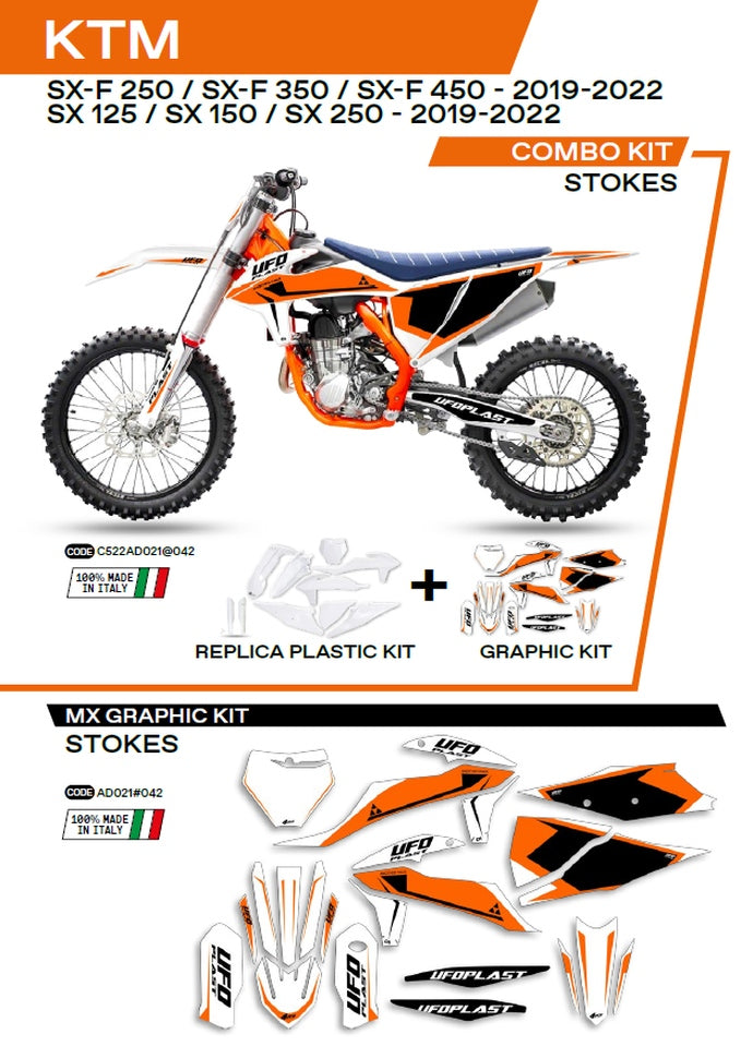 Plastics kit KTKIT522042 plus decal kit KTM SX/SXF 125/150/250/350/450 19-22 includes front number plate (KT04094) and fork guards (KT04055) STOKES color white