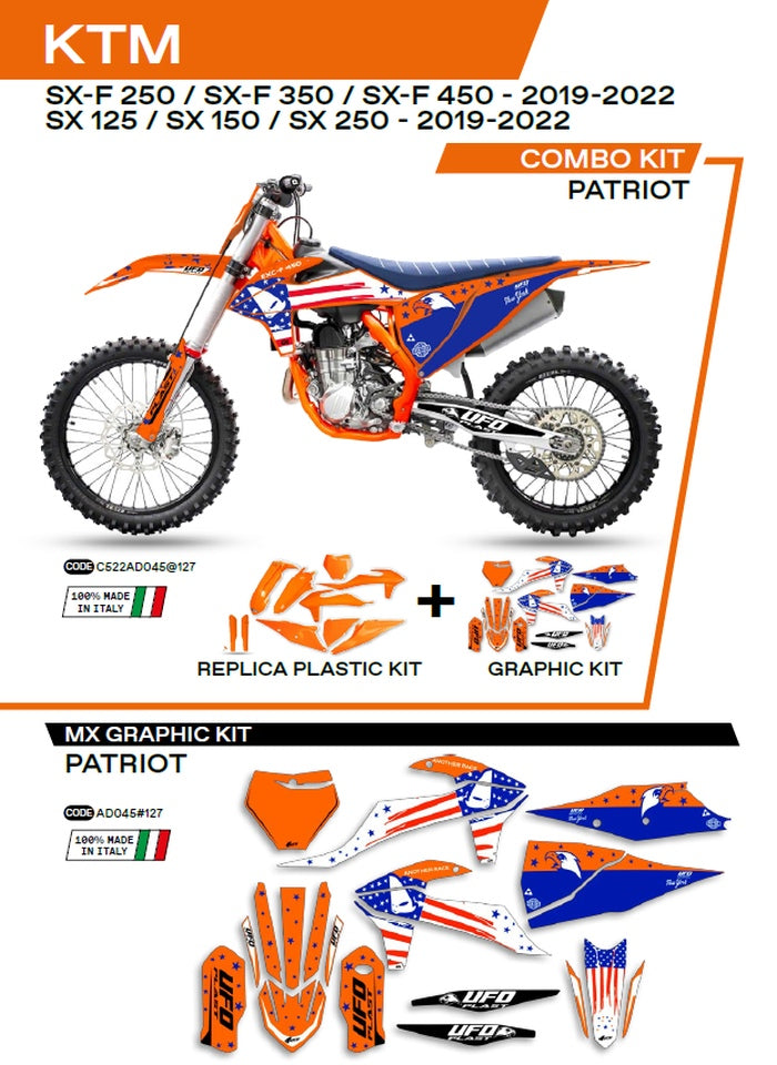 Plastics kit KTKIT522127 plus decal kit KTM SX/SXF 125/150/250/350/450 19-22 includes front number plate (KT04094) and fork guards (KT04055) PATRIOT color orange