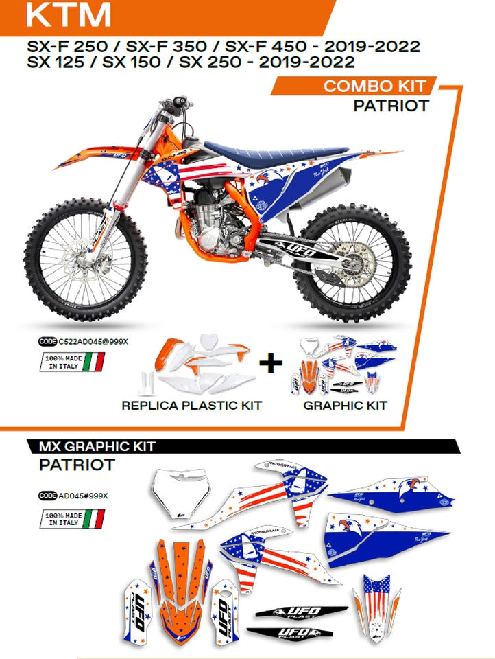 Plastics kit KTKIT522999X plus decal kit KTM SX/SXF 125/150/250/350/450 19-22 includes front number plate (KT04094) and fork guards (KT04055) PATRIOT color OEM (white/blue)