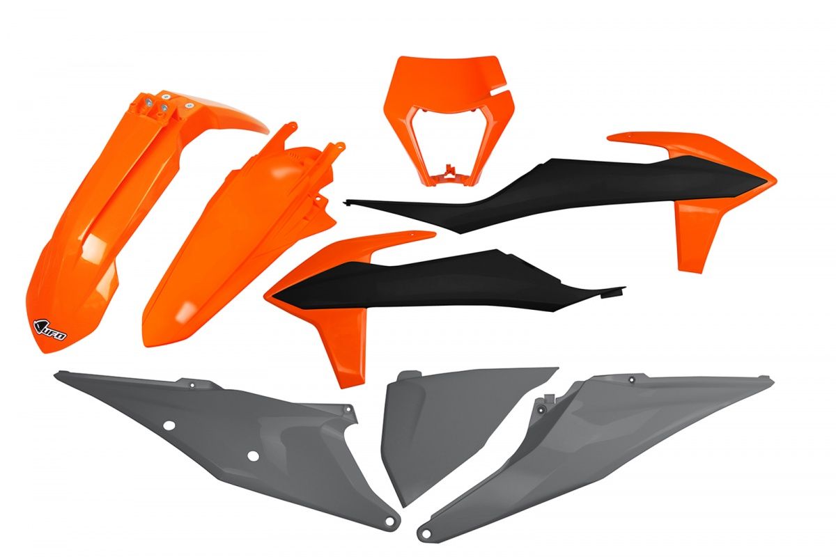 Plastics kit KTM EXC 125 20-21, EXC 250/300 TPI 20-23, EXC-F 250/350/450/500 20-23 with headlight mask color OEM 21 (orange/black/gray)