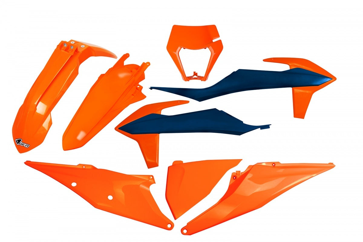 Plastics kit KTM EXC 125 20-21, EXC 250/300 TPI 20-23, EXC-F 250/350/450/500 20-23 with headlight mask color OEM 22 (orange/blue)