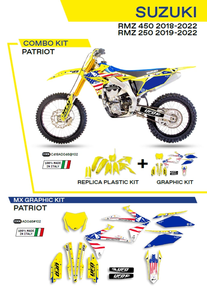 Plastics kit SUKIT418102 plus decal kit Suzuki RM-Z 250 19-22, RM-Z 450 18-22 includes front number plate (SU04943) and fork guards (SU04913) PATRIOT color yellow