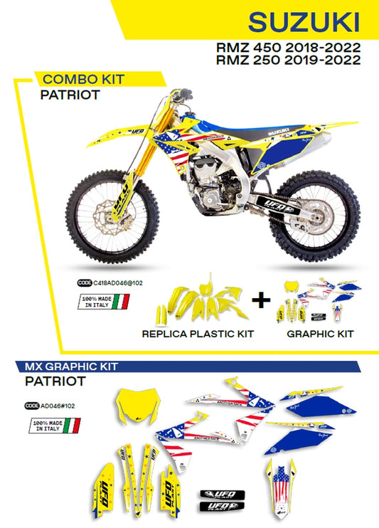 Plastics kit SUKIT418102 plus decal kit Suzuki RM-Z 250 19-22, RM-Z 450 18-22 includes front number plate (SU04943) and fork guards (SU04913) PATRIOT color yellow