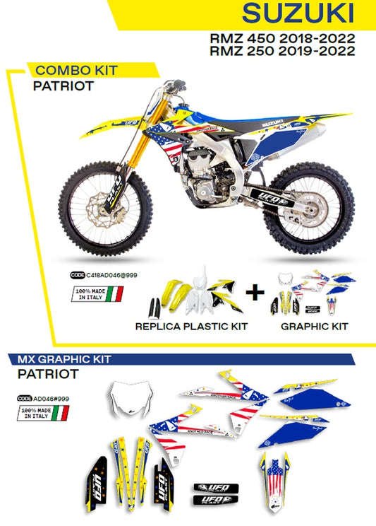 Plastics kit SUKIT418999 plus decal kit Suzuki RM-Z 250 19-22, RM-Z 450 18-22 includes front number plate (SU04943) and fork guards (SU04913) PATRIOT color OEM (yellow/white/black)