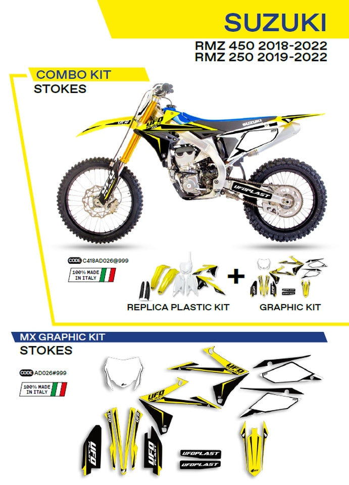 Plastics kit SUKIT418999 plus decal kit Suzuki RM-Z 250 19-22, RM-Z 450 18-22 includes front number plate (SU04943) and fork guards (SU04913) STOKES color OEM (white/yellow/black)