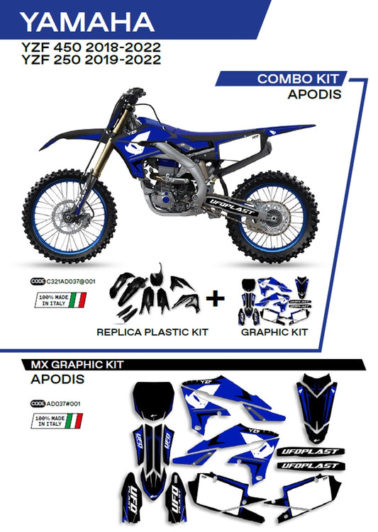 Plastics kit YAKIT321001 plus decal kit Yamaha YZF 250 19-22, YZF 450 18-22 includes front number plate (YA04860) and fork guards (YA04814) APODIS color black