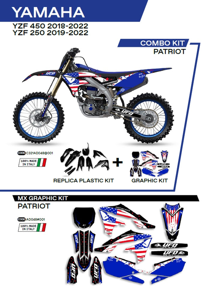 Plastics kit YAKIT321001 plus decal kit Yamaha YZF 250 19-22, YZF 450 18-22 includes front number plate (YA04860) and fork guards (YA04814) PATRIOT color black