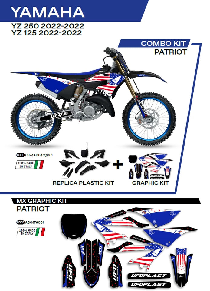 Plastics kit YAKIT324001 plus decal kit Yamaha YZ 125/250 22 includes front number plate (YA04860) and fork guards (YA04814) PATRIOT color black