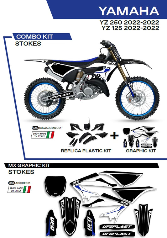 Plastics kit YAKIT324001 plus decal kit Yamaha YZ 125/250 22 includes front number plate (YA04860) and fork guards (YA04814) STOKES color black