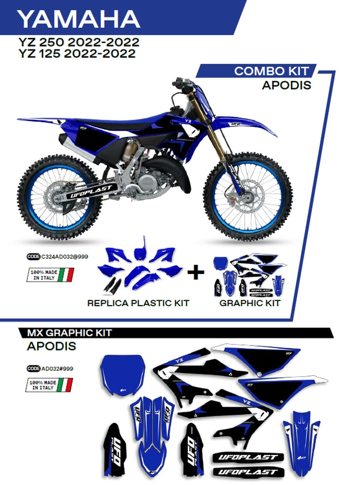 Plastics kit YAKIT324999 plus decal kit Yamaha YZ 125/250 22 includes front number plate (YA04860) and fork guards (YA04814) APODIS color OEM (white/blue)