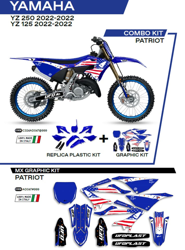 Plastics kit YAKIT324999 plus decal kit Yamaha YZ 125/250 22 includes front number plate (YA04860) and fork guards (YA04814) PATRIOT color OEM (white/blue)