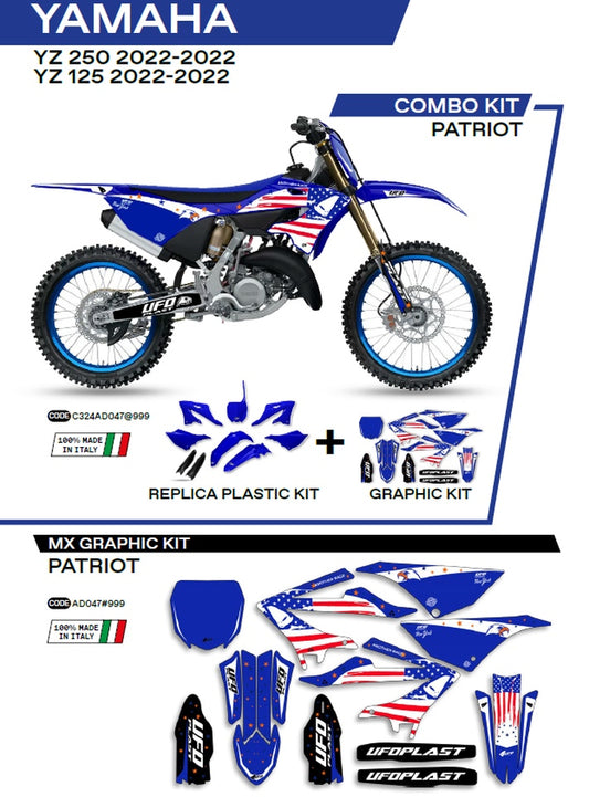 Plastics kit YAKIT324999 plus decal kit Yamaha YZ 125/250 22 includes front number plate (YA04860) and fork guards (YA04814) PATRIOT color OEM (white/blue)