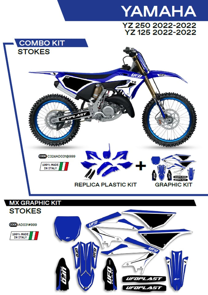 Plastics kit YAKIT324999 plus decal kit Yamaha YZ 125/250 22 includes front number plate (YA04860) and fork guards (YA04814) STOKES color OEM (blue/black/white)