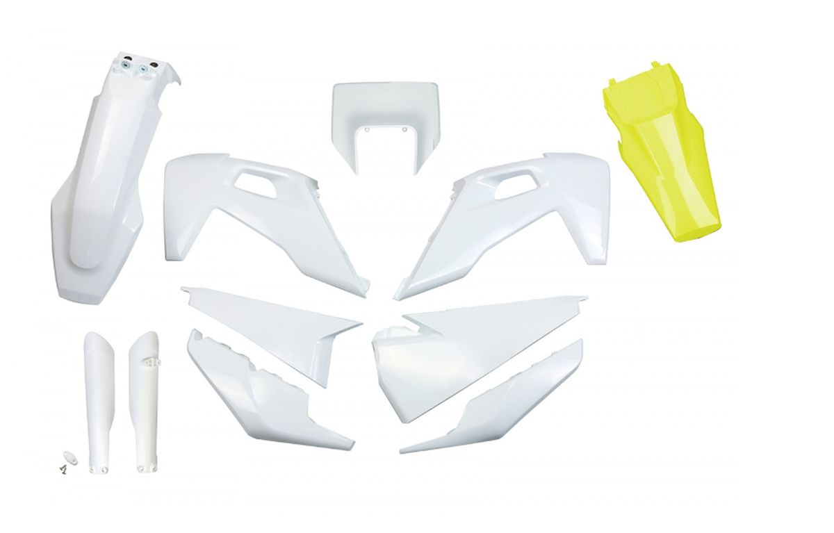 Full plastics kit with fork guards Husqvarna TX/TE 125/150/250/300 20-22, FE 250/350/450/501 20-23 color OEM white + yellow rear fender