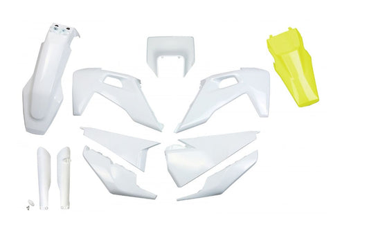 Full plastics kit with fork guards Husqvarna TX/TE 125/150/250/300 20-22, FE 250/350/450/501 20-23 color OEM white + yellow rear fender