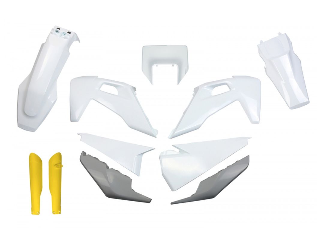 Full plastics kit with fork guards Husqvarna TX/TE 125/150/250/300 20-22, FE 250/350/450/501 20-23 color OEM white gray yellow