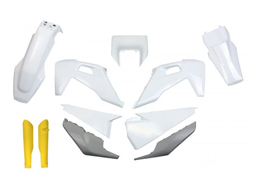 Full plastics kit with fork guards Husqvarna TX/TE 125/150/250/300 20-22, FE 250/350/450/501 20-23 color OEM white gray yellow