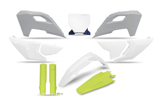Full plastics kit with fork guards Husqvarna TC 125/250 23-24, FC 250/350/450 23-24, FX 350/450 23-24, TX 300 24 color OEM white/yellow/gray